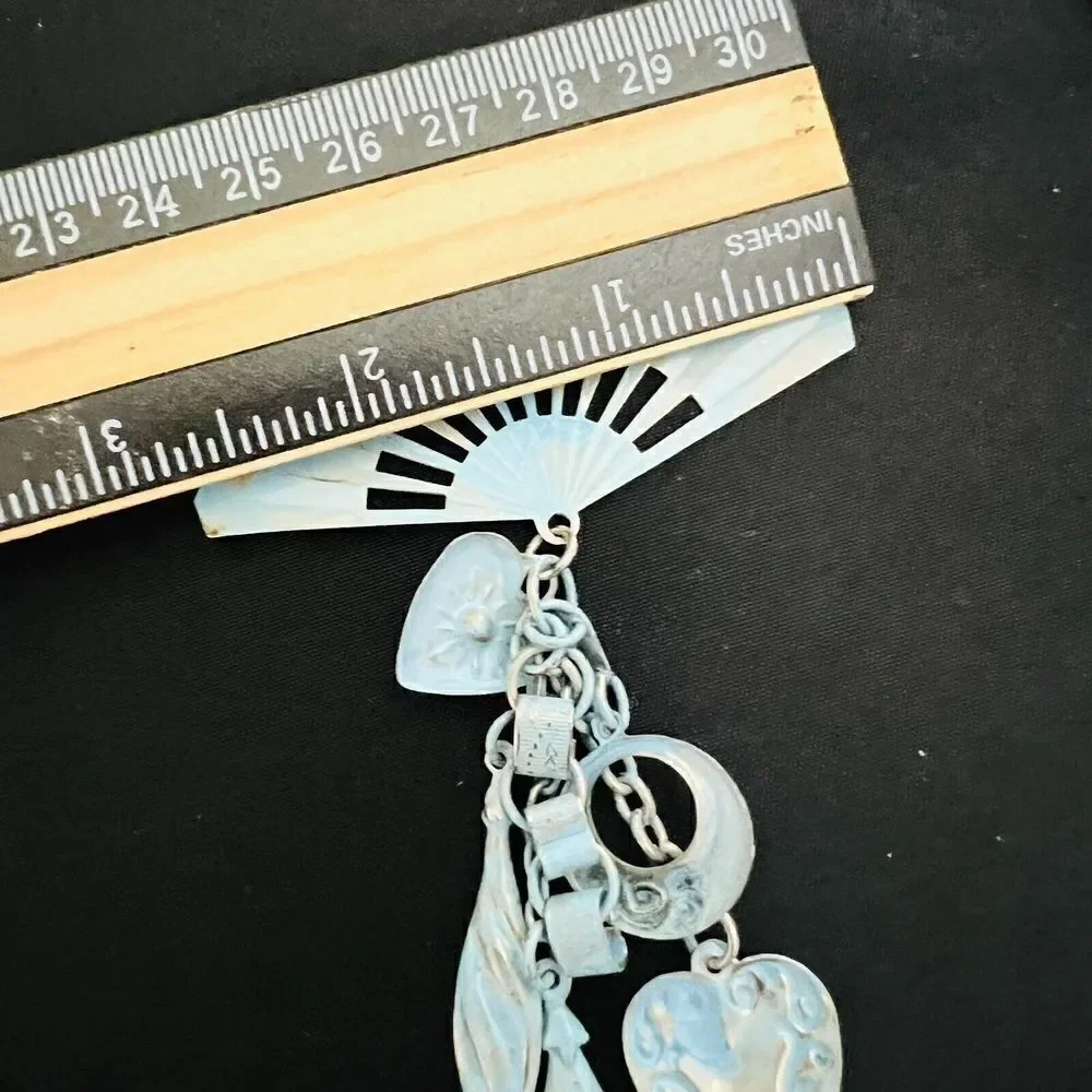 Vintage Enamel Steampunk Whimsical Fan Heart Dangle Chain Brooch Unique 4264